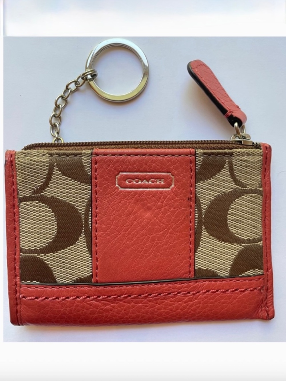 Coach Signature Canvas Coral Leather Key Holder Card Case